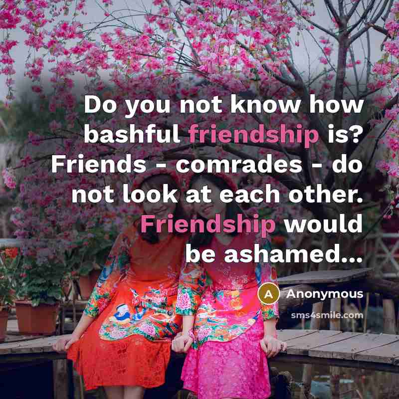 “Do you not know how bashful friendship is? Friends - comrades - do not look at each other. Friendship would be ashamed...” quote by Anonymous