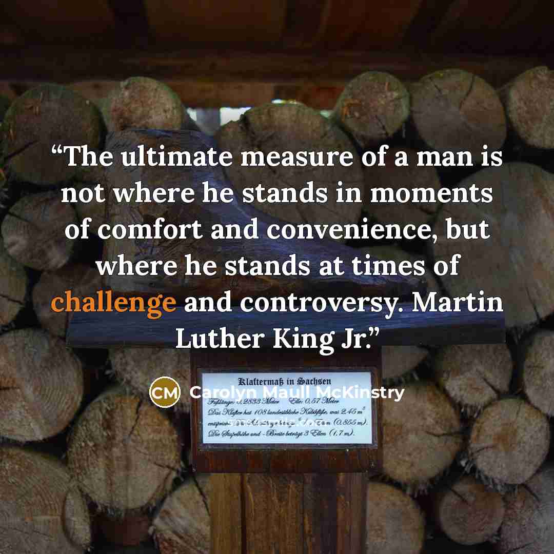 “The ultimate measure of a man is not where he stands in moments of comfort and convenience, but where he stands at times of challenge and controversy. Martin Luther King Jr.” quote by Carolyn Maull McKinstry