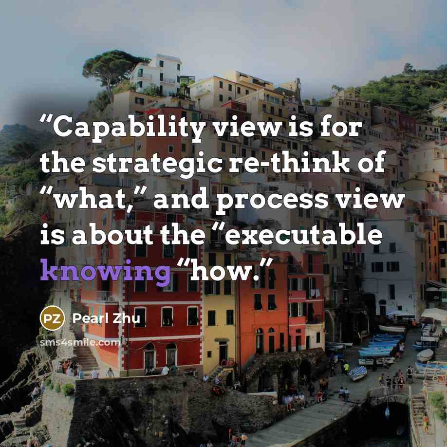“Capability view is for the strategic re-think of “what,” and process view is about the “executable knowing “how.” quote by Pearl Zhu