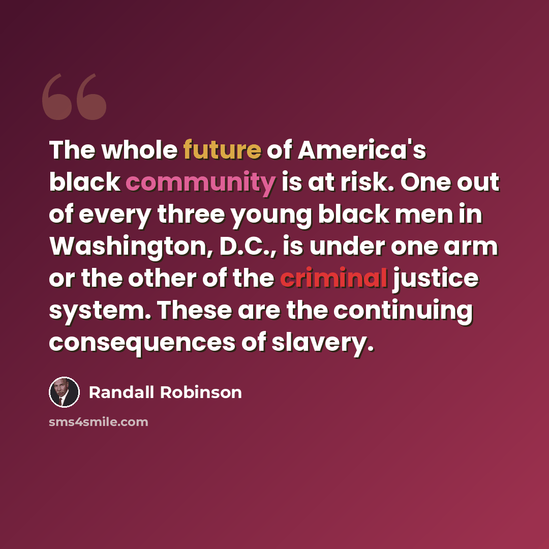 “The whole future of America's black community is at risk. One out of every three young black men in Washington, D.C., is under one arm or the other of the criminal justice system. These are the continuing consequences of slavery.” quote by Randall Robinson