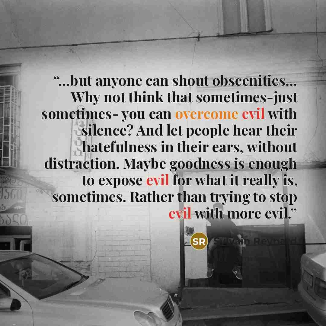 “…but anyone can shout obscenities… Why not think that sometimes-just sometimes- you can overcome evil with silence? And let people hear their hatefulness in their ears, without distraction. Maybe goodness is enough to expose evil for what it really is, sometimes. Rather than trying to stop evil…” quote by Sylvain Reynard