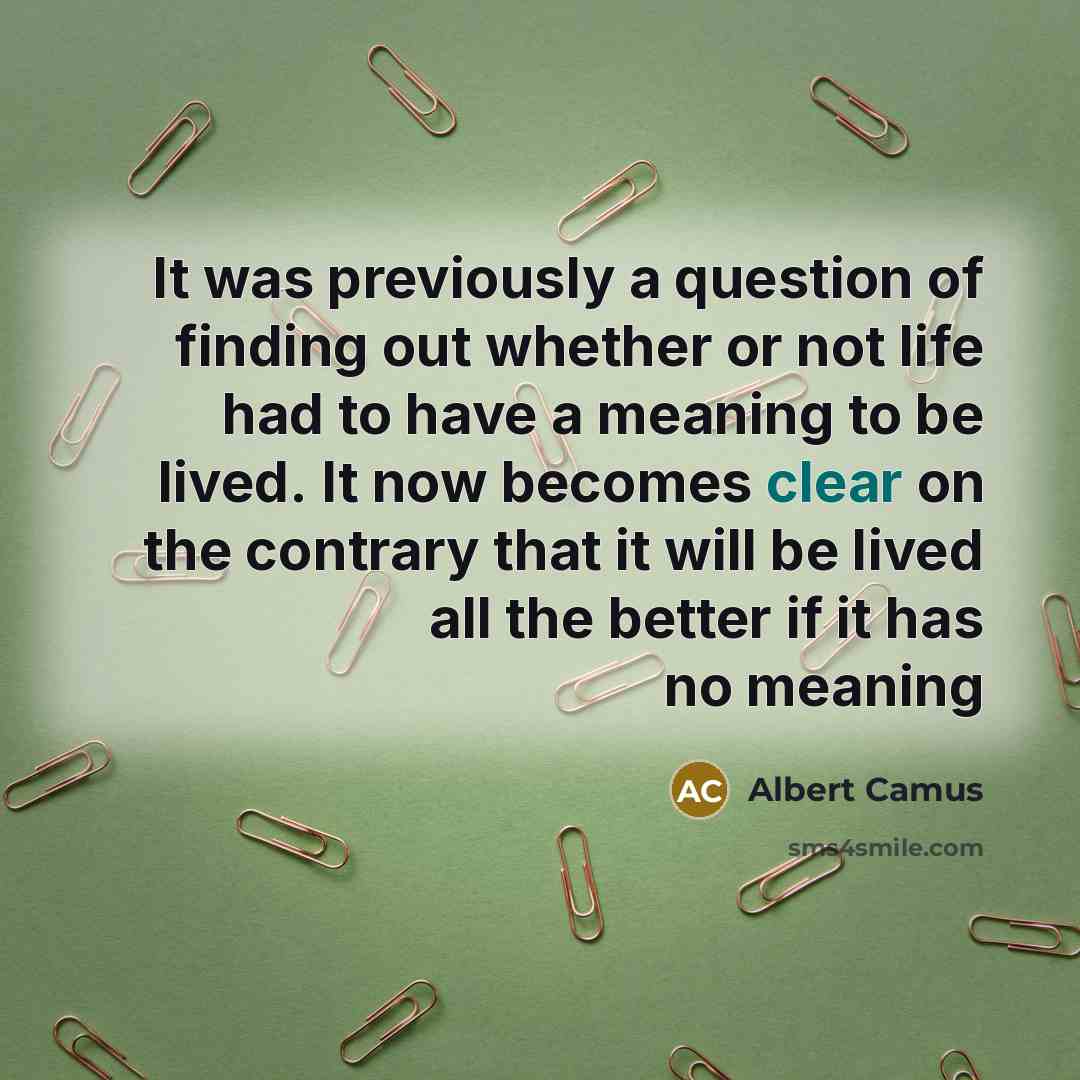 “It was previously a question of finding out whether or not life had to have a meaning to be lived. It now becomes clear on the contrary that it will be lived all the better if it has no meaning” quote by Albert Camus