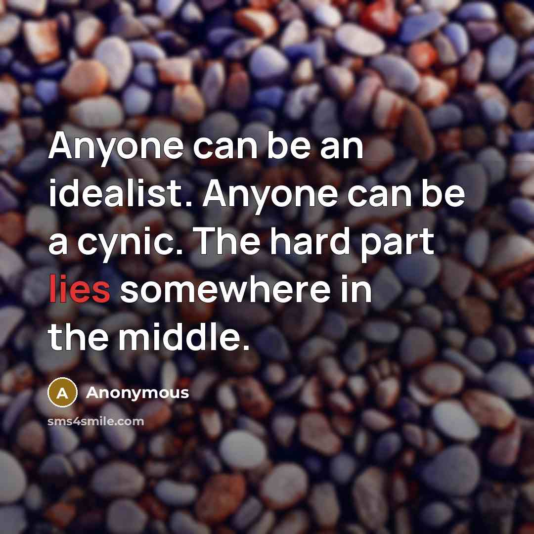 “Anyone can be an idealist. Anyone can be a cynic. The hard part lies somewhere in the middle.” quote by Anonymous