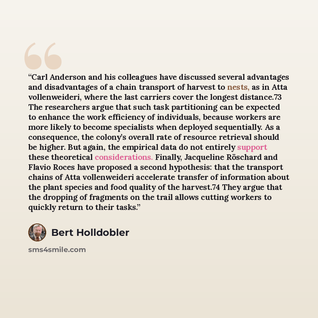 “Carl Anderson and his colleagues have discussed several advantages and disadvantages of a chain transport of harvest to nests, as in Atta vollenweideri, where the last carriers cover the longest distance.73 The researchers argue that such task partitioning can be expected to enhance the work…” quote by Bert Hölldobler