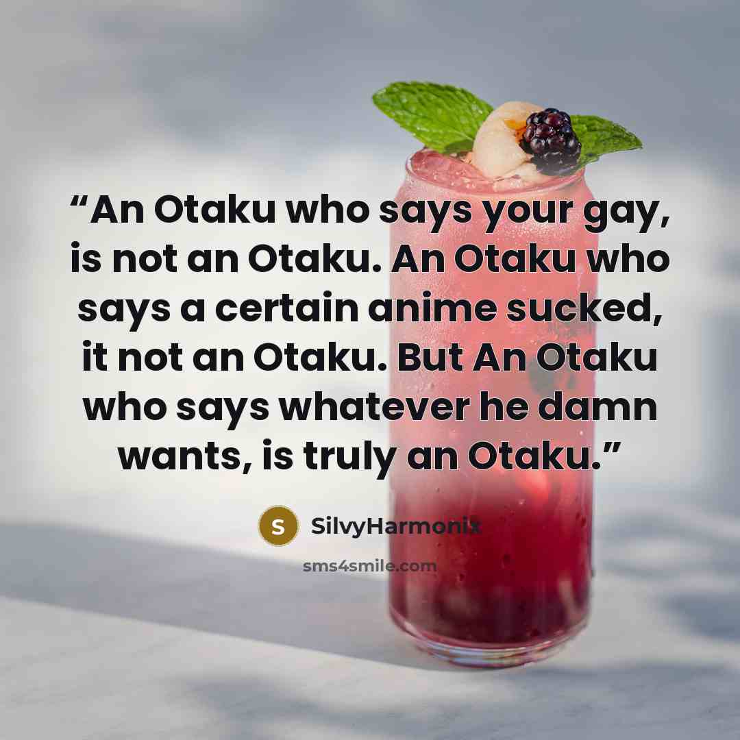 “An Otaku who says your gay, is not an Otaku. An Otaku who says a certain anime sucked, it not an Otaku. But An Otaku who says whatever he damn wants, is truly an Otaku.” quote by SilvyHarmonix