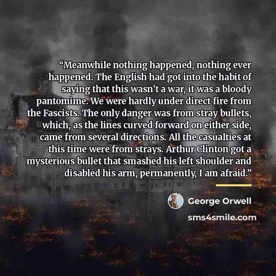“Meanwhile nothing happened, nothing ever happened. The English had got into the habit of saying that this wasn’t a war, it was a bloody pantomime. We were hardly under direct fire from the Fascists. The only danger was from stray bullets, which, as the lines curved forward on either side, came…” quote by George Orwell