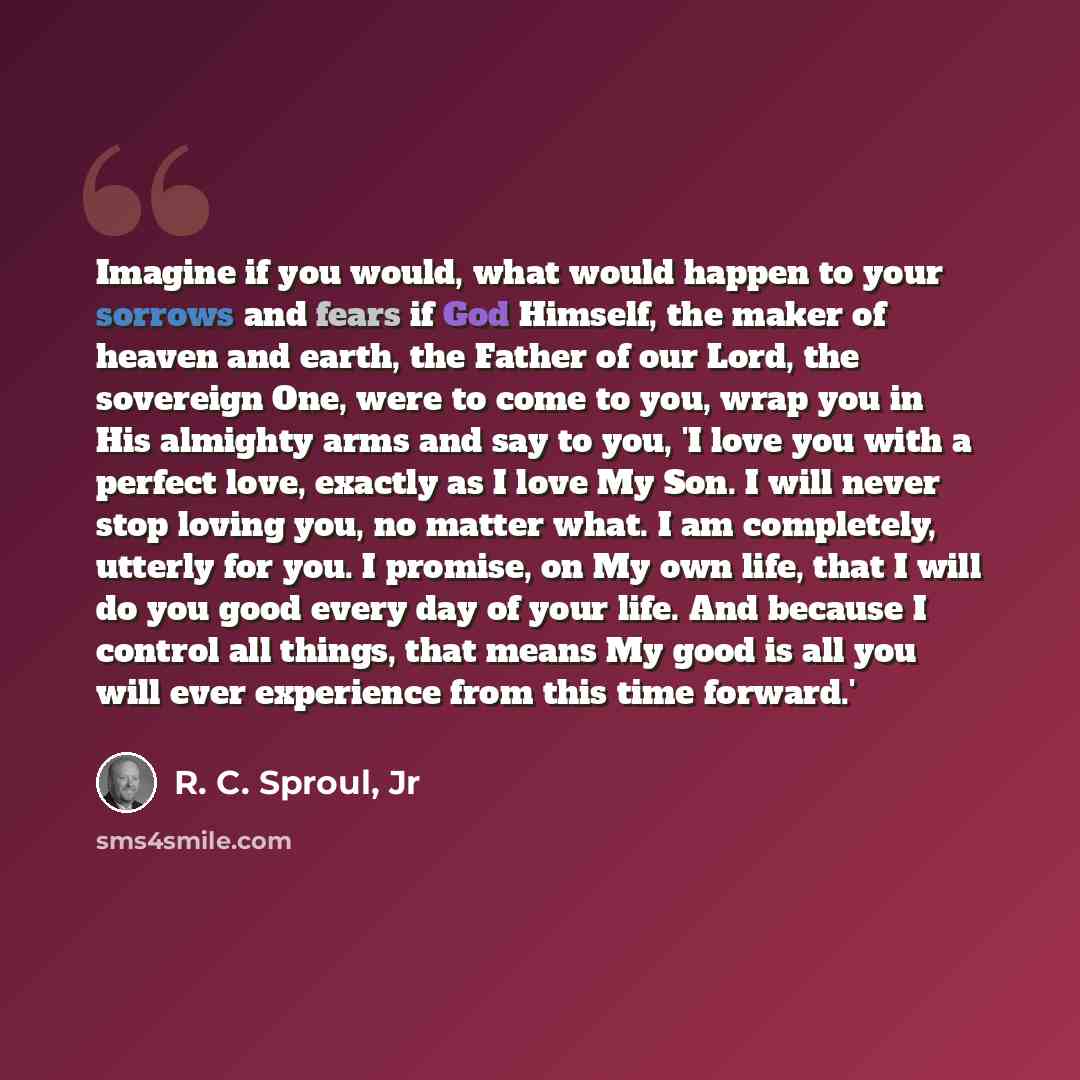 “Imagine if you would, what would happen to your sorrows and fears if God Himself, the maker of heaven and earth, the Father of our Lord, the sovereign One, were to come to you, wrap you in His almighty arms and say to you, 'I love you with a perfect love, exactly as I love My Son. I will never…” quote by R. C. Sproul, Jr