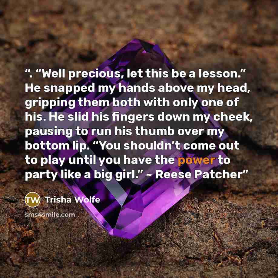 “. “Well precious, let this be a lesson.” He snapped my hands above my head, gripping them both with only one of his. He slid his fingers down my cheek, pausing to run his thumb over my bottom lip. “You shouldn’t come out to play until you have the power to party like a big girl.” ~ Reese Patcher” quote by Trisha Wolfe
