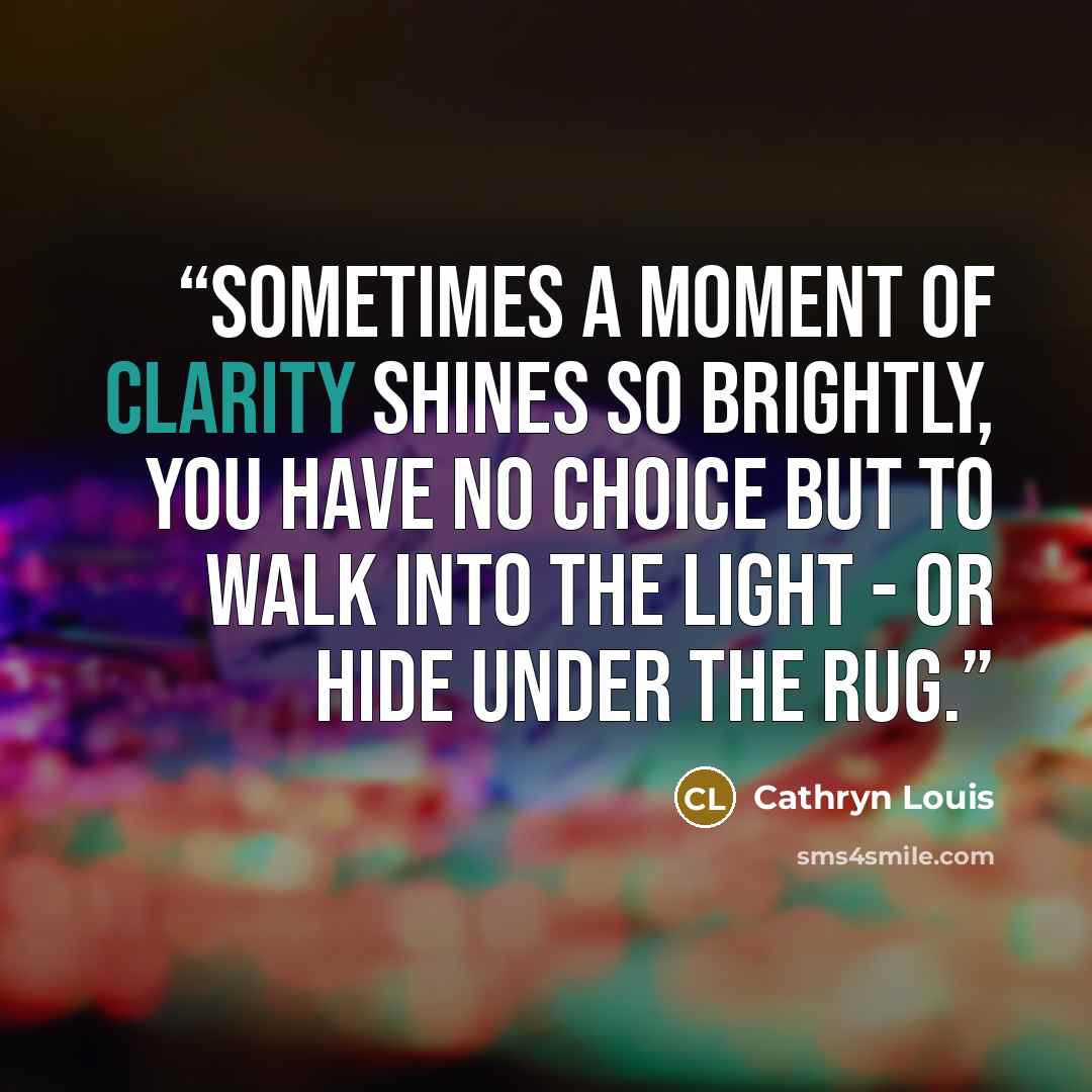 “Sometimes a moment of clarity shines so brightly, you have no choice but to walk into the light - or hide under the rug.” quote by Cathryn Louis