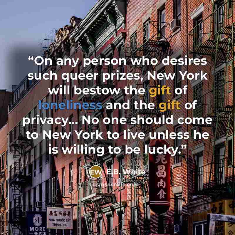 “On any person who desires such queer prizes, New York will bestow the gift of loneliness and the gift of privacy… No one should come to New York to live unless he is willing to be lucky.” quote by E.B. White