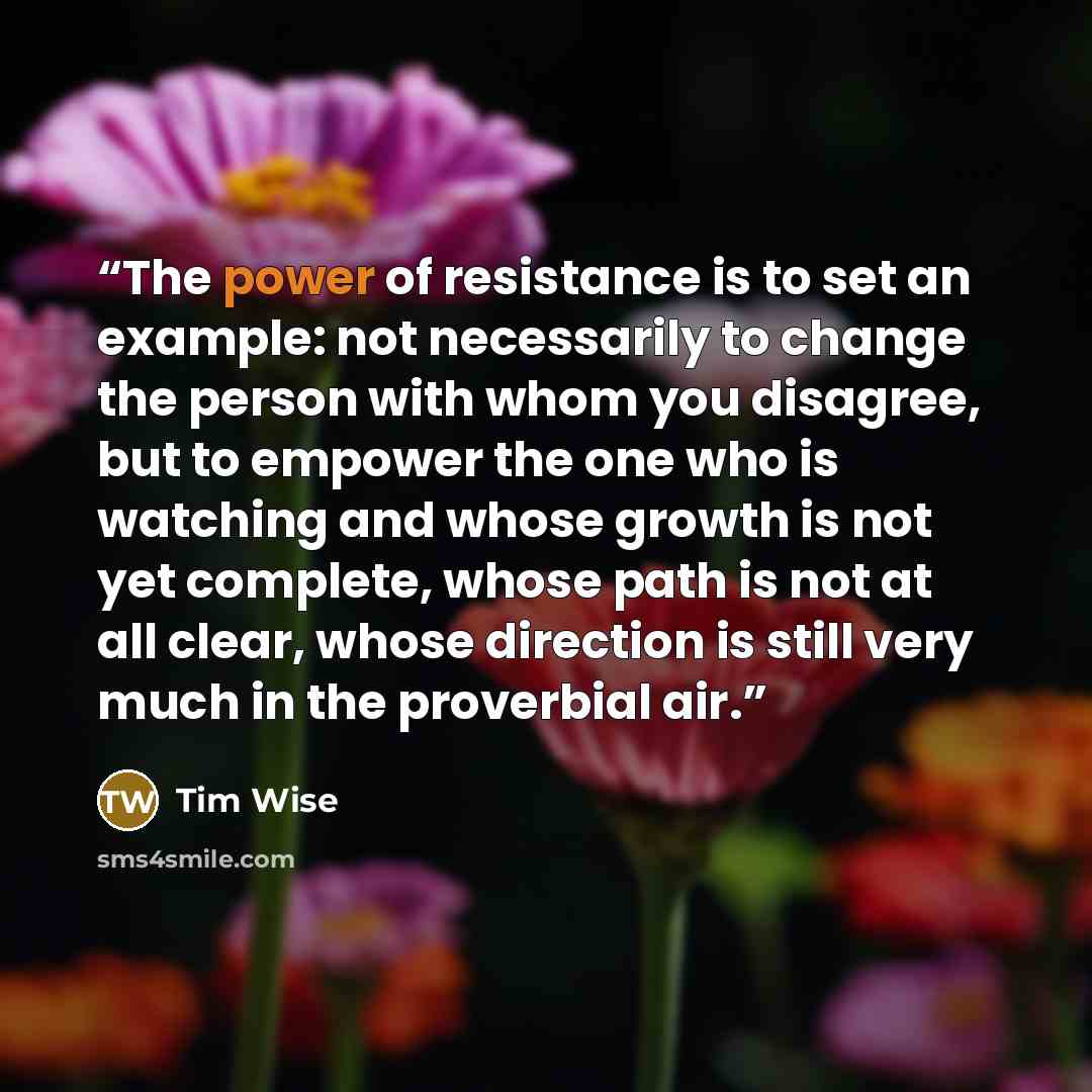 “The power of resistance is to set an example: not necessarily to change the person with whom you disagree, but to empower the one who is watching and whose growth is not yet complete, whose path is not at all clear, whose direction is still very much in the proverbial air.” quote by Tim Wise