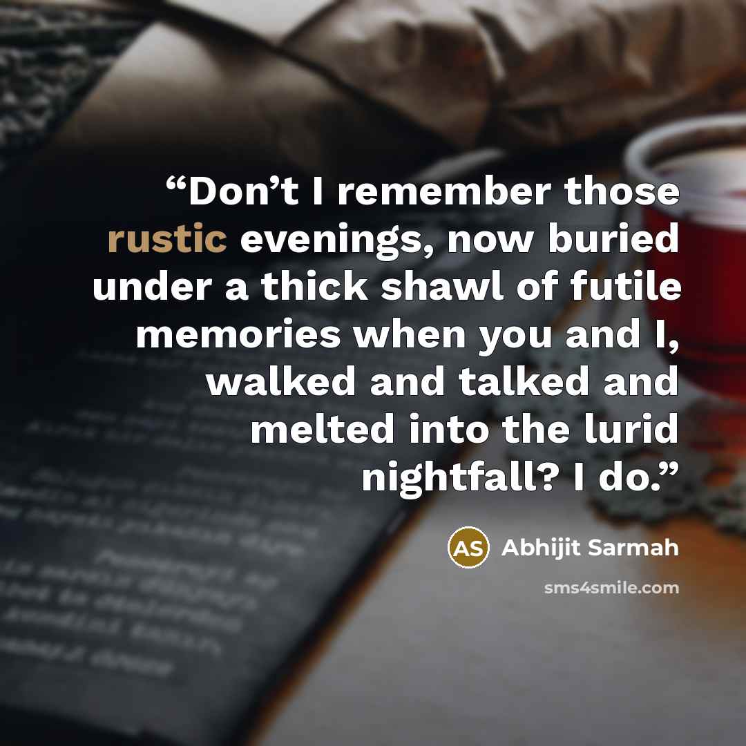 “Don’t I remember those rustic evenings, now buried under a thick shawl of futile memories when you and I, walked and talked and melted into the lurid nightfall? I do.” quote by Abhijit Sarmah
