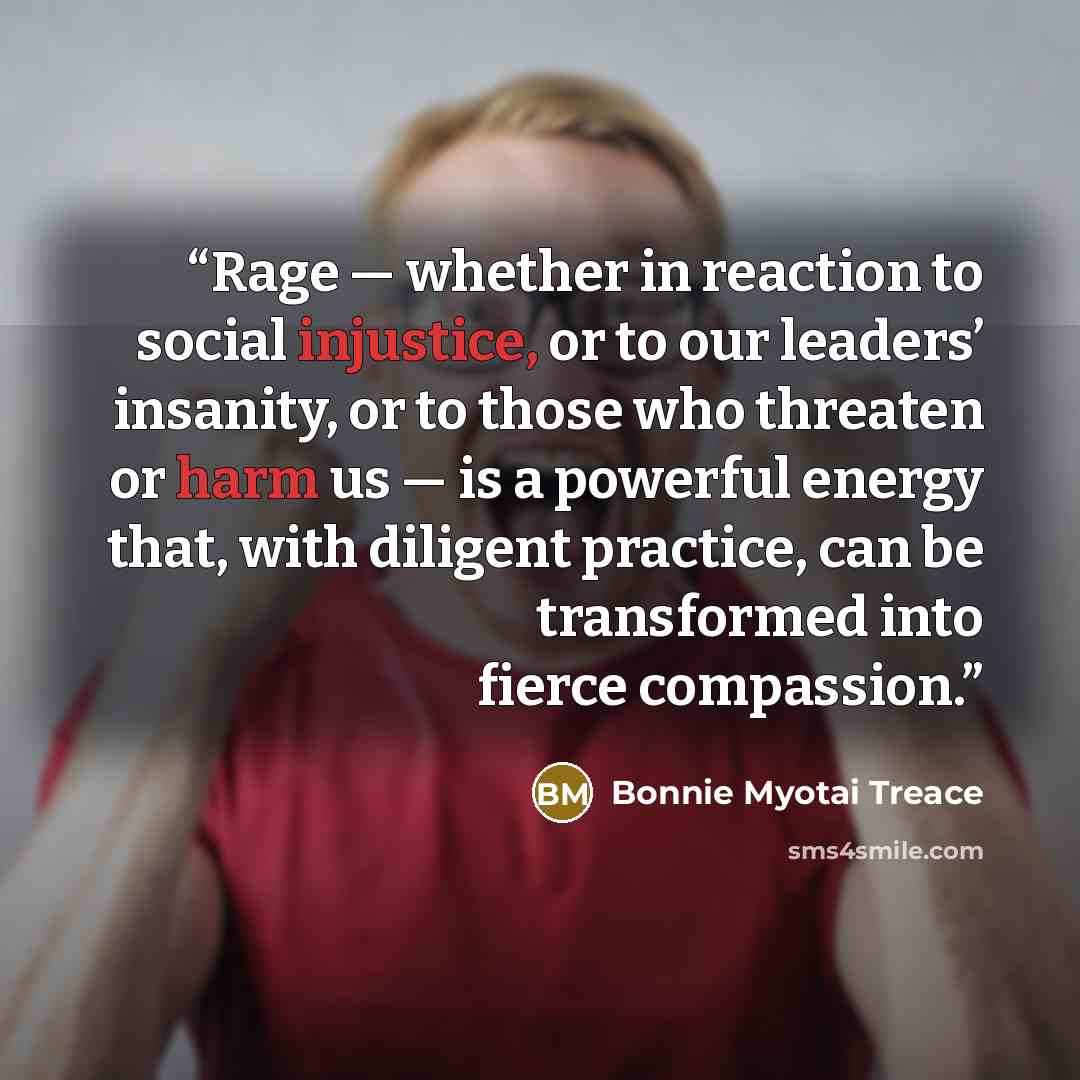 “Rage — whether in reaction to social injustice, or to our leaders’ insanity, or to those who threaten or harm us — is a powerful energy that, with diligent practice, can be transformed into fierce compassion.” quote by Bonnie Myotai Treace
