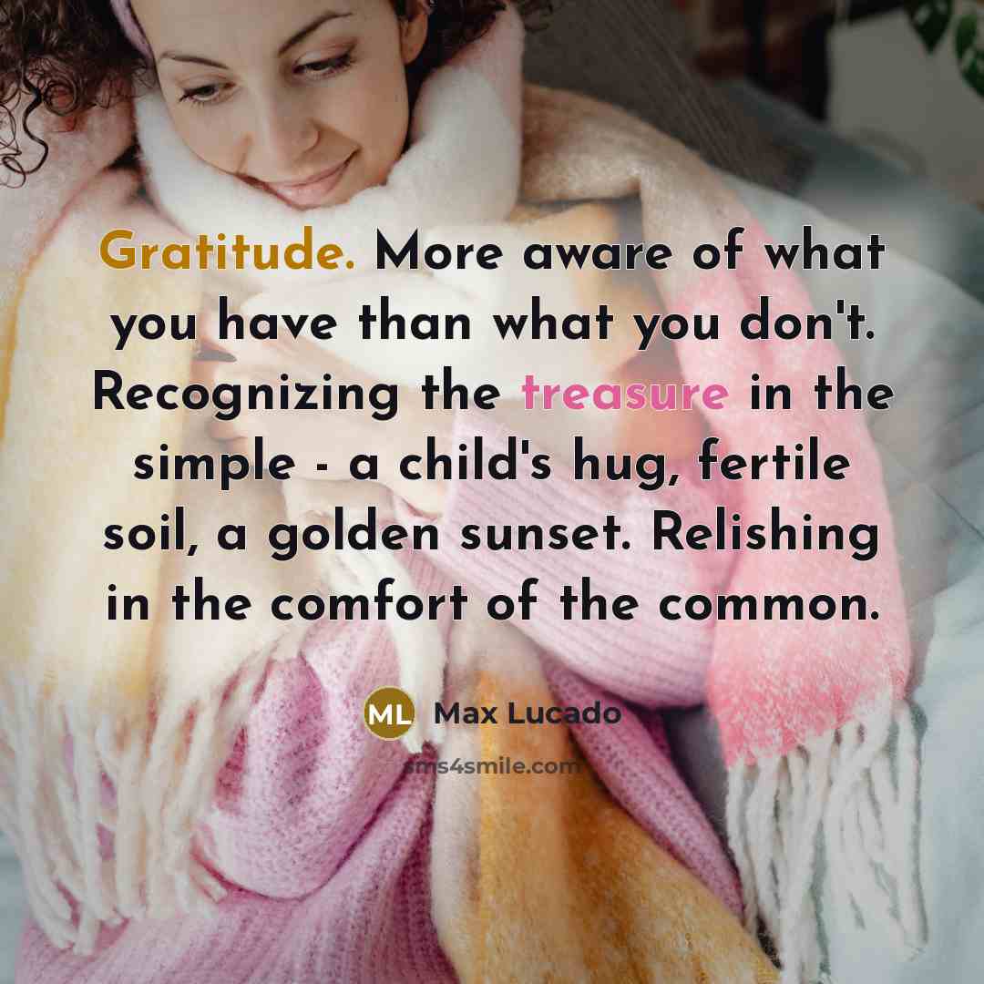 “Gratitude. More aware of what you have than what you don't. Recognizing the treasure in the simple - a child's hug, fertile soil, a golden sunset. Relishing in the comfort of the common.” quote by Max Lucado