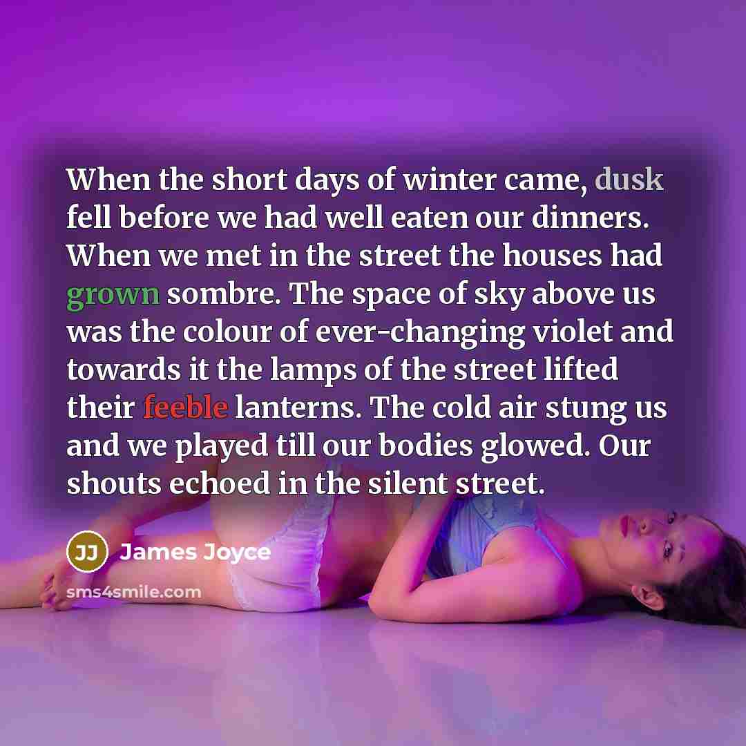 “When the short days of winter came, dusk fell before we had well eaten our dinners. When we met in the street the houses had grown sombre. The space of sky above us was the colour of ever-changing violet and towards it the lamps of the street lifted their feeble lanterns. The cold air stung us and…” quote by James Joyce