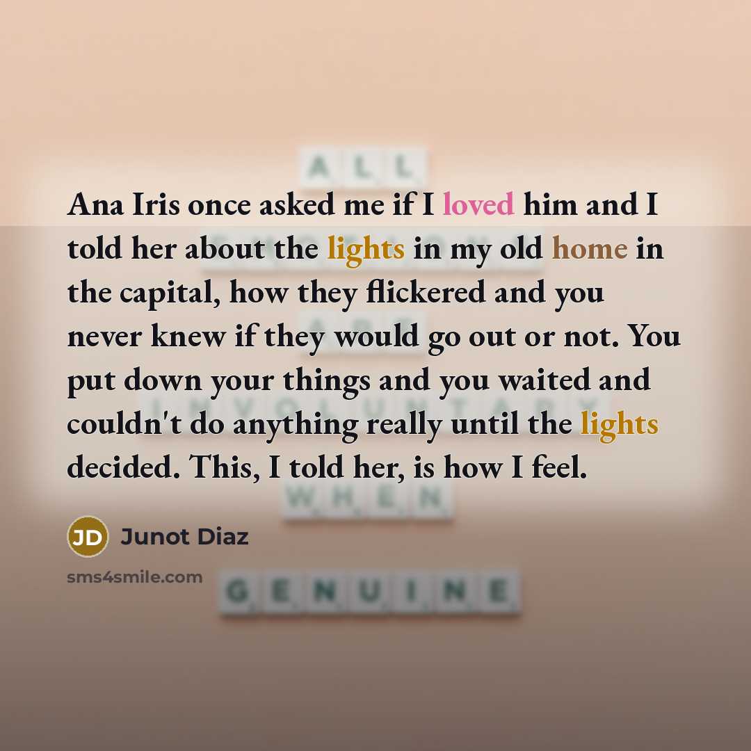 “Ana Iris once asked me if I loved him and I told her about the lights in my old home in the capital, how they flickered and you never knew if they would go out or not. You put down your things and you waited and couldn't do anything really until the lights decided. This, I told her, is how I feel.” quote by Junot Diaz