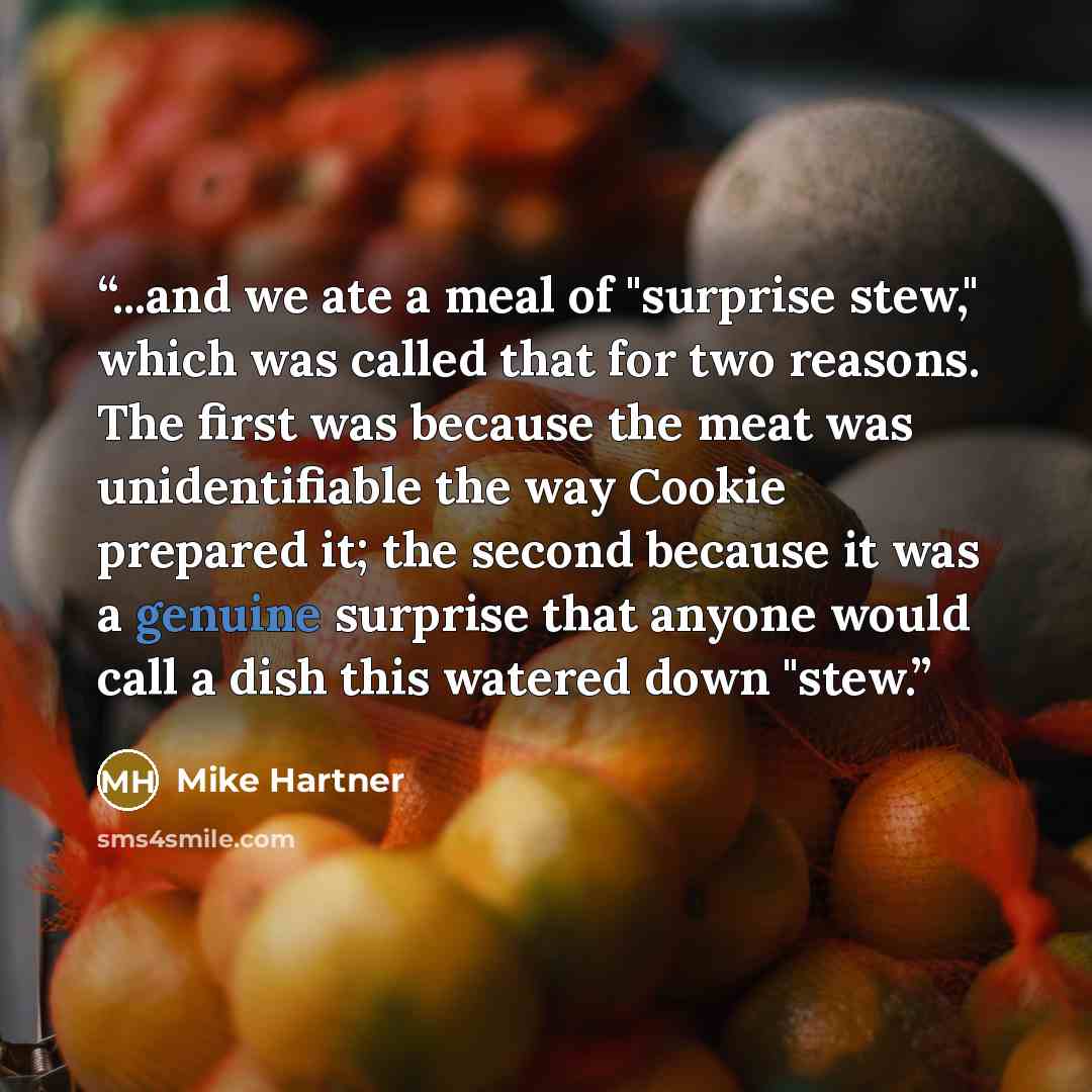“...and we ate a meal of "surprise stew," which was called that for two reasons. The first was because the meat was unidentifiable the way Cookie prepared it; the second because it was a genuine surprise that anyone would call a dish this watered down "stew.” quote by Mike Hartner