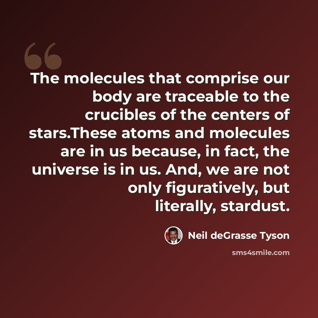 “The molecules that comprise our body are traceable to the crucibles of the centers of stars.These atoms and molecules are in us because, in fact, the universe is in us. And, we are not only figuratively, but literally, stardust.” quote by Neil deGrasse Tyson