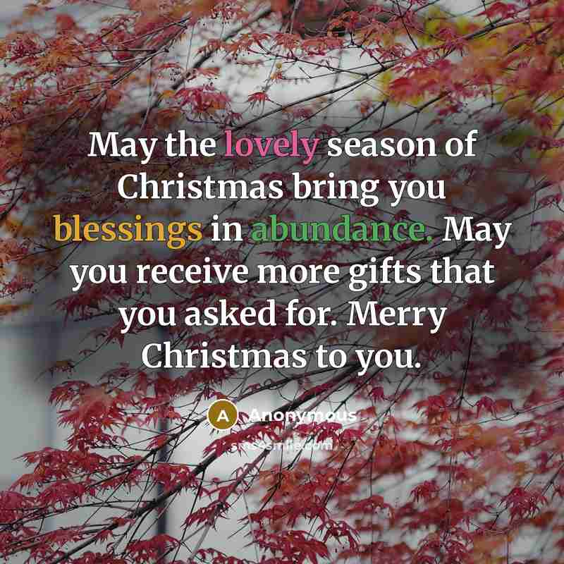 “May the lovely season of Christmas bring you blessings in abundance. May you receive more gifts that you asked for. Merry Christmas to you.” quote by Anonymous