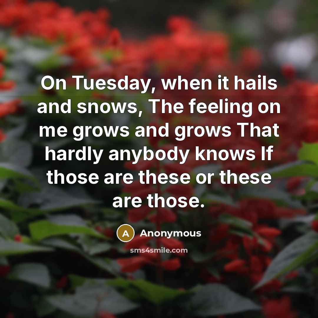 “On Tuesday, when it hails and snows, The feeling on me grows and grows That hardly anybody knows If those are these or these are those.” quote by Anonymous