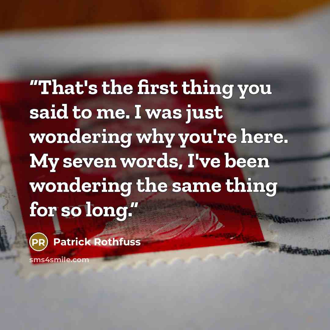 “That's the first thing you said to me. I was just wondering why you're here. My seven words, I've been wondering the same thing for so long.” quote by Patrick Rothfuss