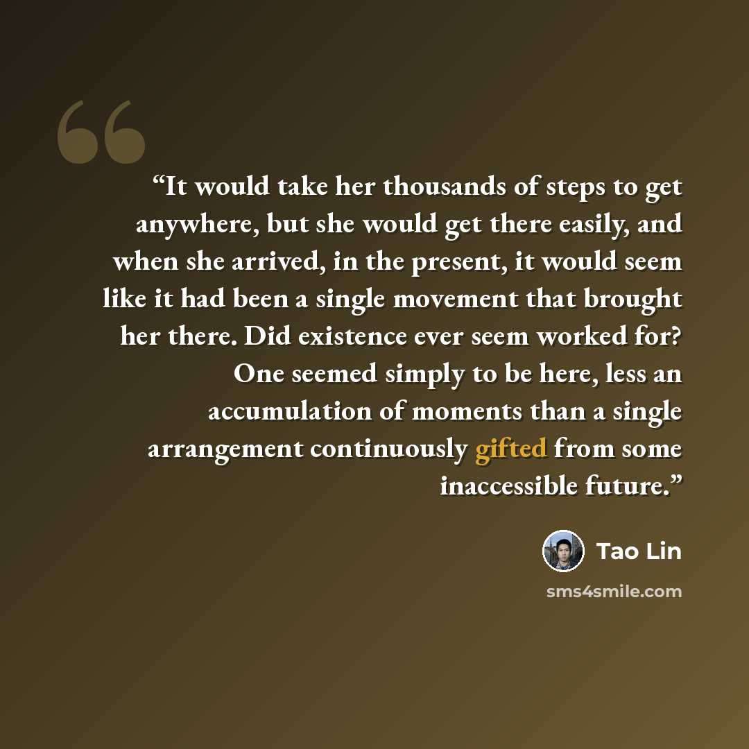 “It would take her thousands of steps to get anywhere, but she would get there easily, and when she arrived, in the present, it would seem like it had been a single movement that brought her there. Did existence ever seem worked for? One seemed simply to be here, less an accumulation of moments…” quote by Tao Lin