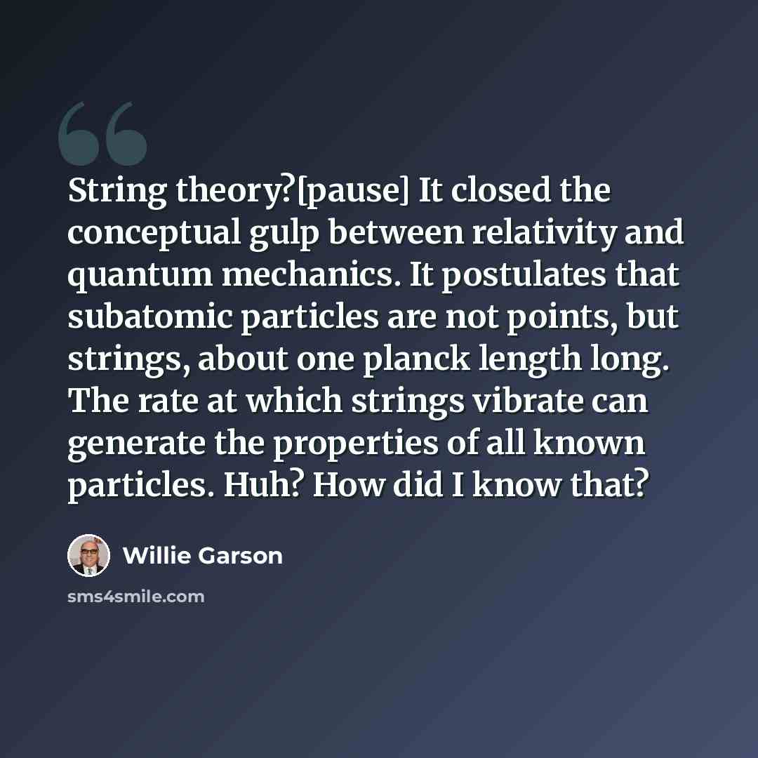 “String theory?[pause] It closed the conceptual gulp between relativity and quantum mechanics. It postulates that subatomic particles are not points, but strings, about one planck length long. The rate at which strings vibrate can generate the properties of all known particles. Huh? How did I know…” quote by Willie Garson