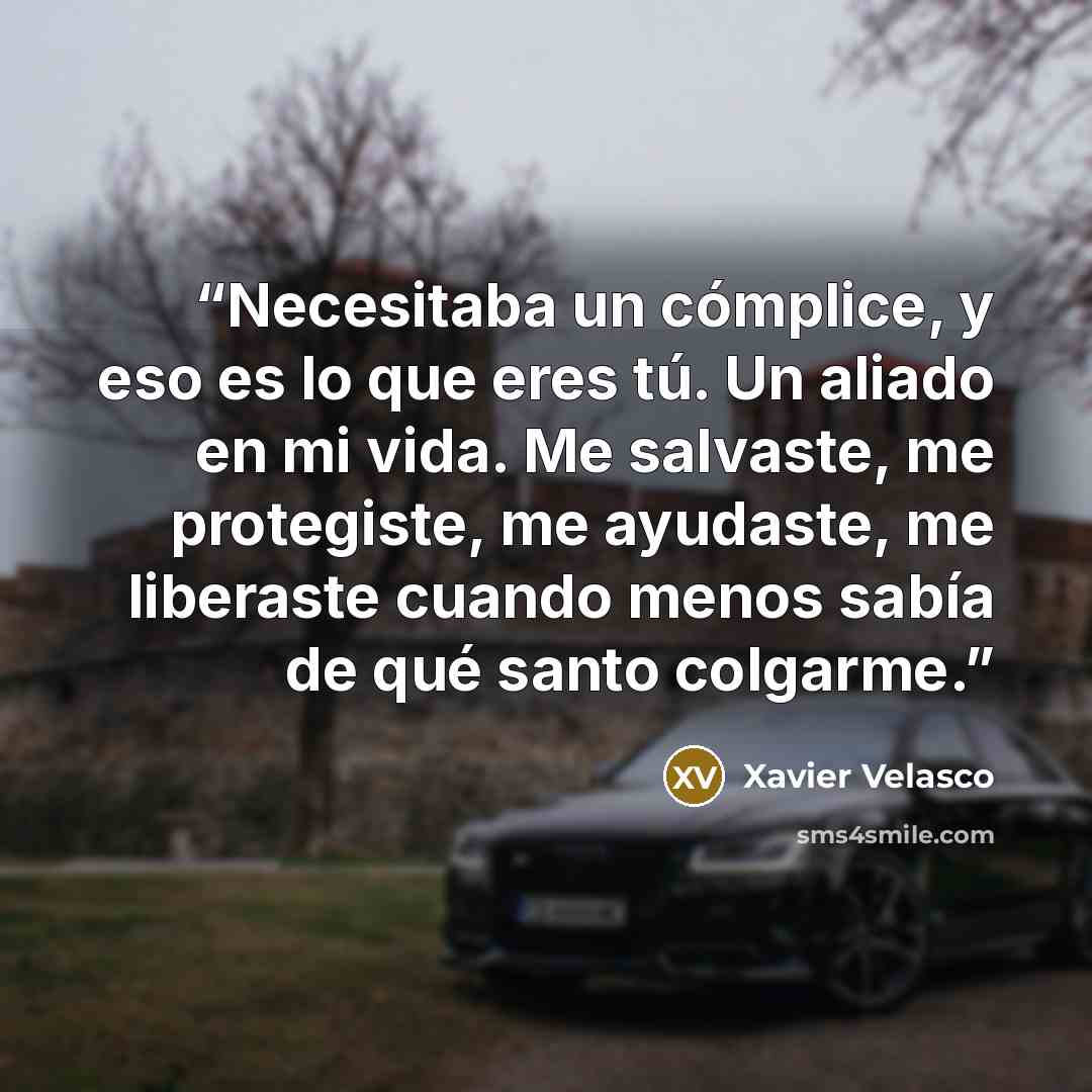 “Necesitaba un cómplice, y eso es lo que eres tú. Un aliado en mi vida. Me salvaste, me protegiste, me ayudaste, me liberaste cuando menos sabía de qué santo colgarme.” quote by Xavier Velasco