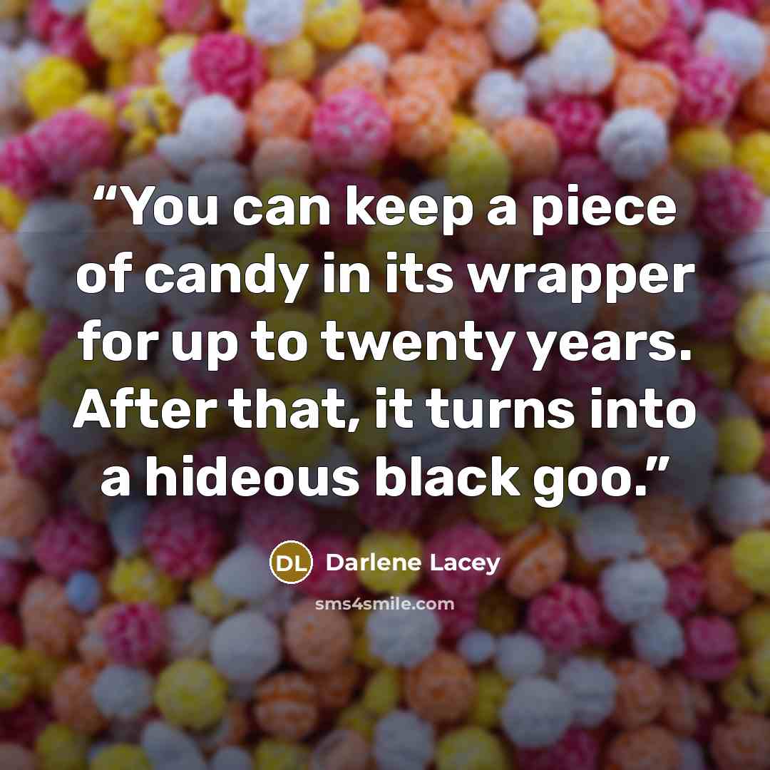 “You can keep a piece of candy in its wrapper for up to twenty years. After that, it turns into a hideous black goo.” quote by Darlene Lacey