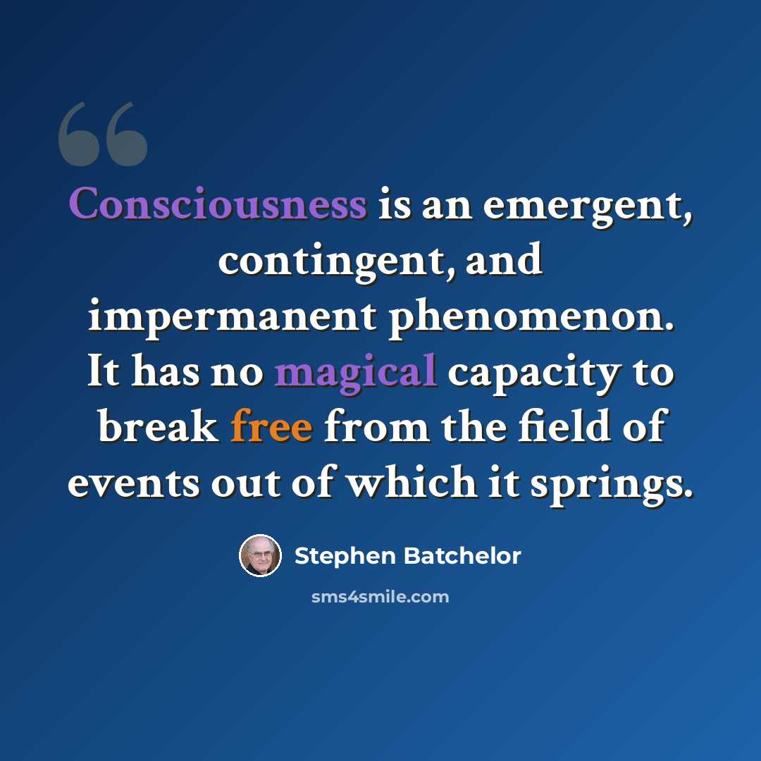 “Consciousness is an emergent, contingent, and impermanent phenomenon. It has no magical capacity to break free from the field of events out of which it springs.” quote by Stephen Batchelor