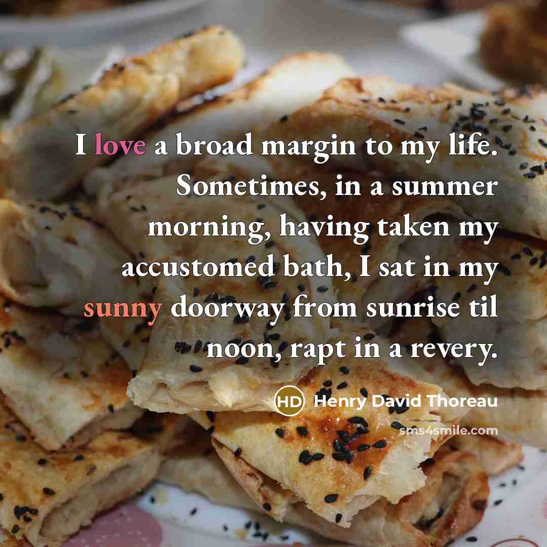 “I love a broad margin to my life. Sometimes, in a summer morning, having taken my accustomed bath, I sat in my sunny doorway from sunrise til noon, rapt in a revery.” quote by Henry David Thoreau