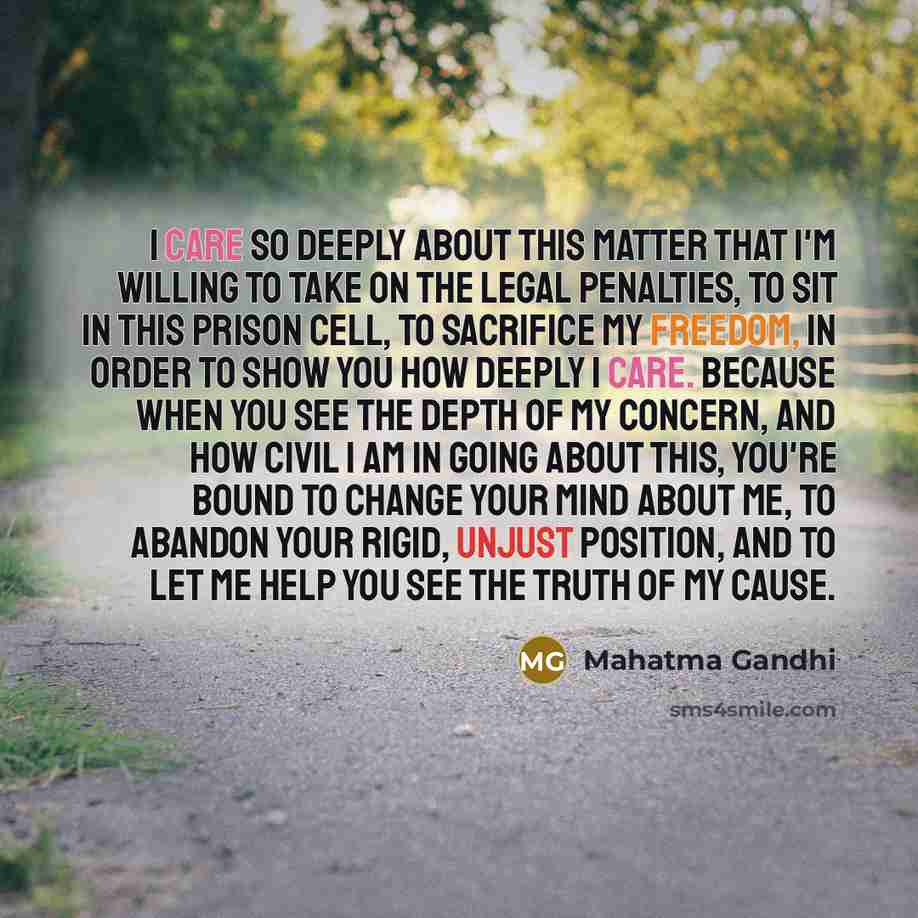 “I care so deeply about this matter that I'm willing to take on the legal penalties, to sit in this prison cell, to sacrifice my freedom, in order to show you how deeply I care. Because when you see the depth of my concern, and how civil I am in going about this, you're bound to change your mind…” quote by Mahatma Gandhi