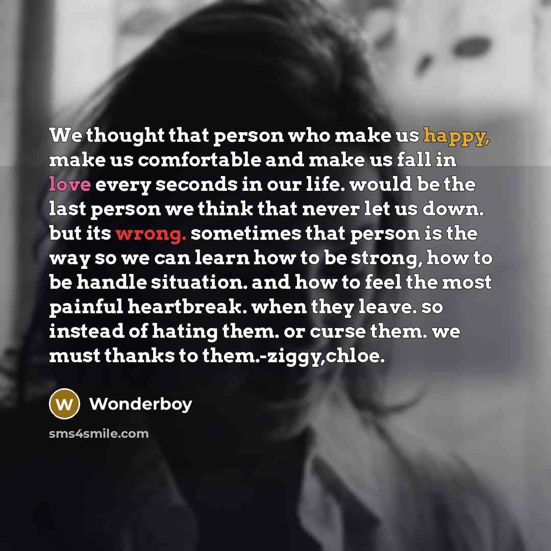 “We thought that person who make us happy, make us comfortable and make us fall in love every seconds in our life. would be the last person we think that never let us down. but its wrong. sometimes that person is the way so we can learn how to be strong, how to be handle situation. and how to feel…” quote by Wonderboy