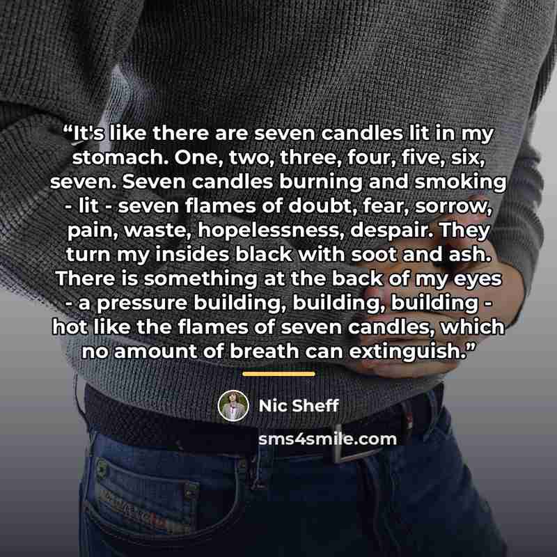 “It's like there are seven candles lit in my stomach. One, two, three, four, five, six, seven. Seven candles burning and smoking - lit - seven flames of doubt, fear, sorrow, pain, waste, hopelessness, despair. They turn my insides black with soot and ash. There is something at the back of my eyes…” quote by Nic Sheff