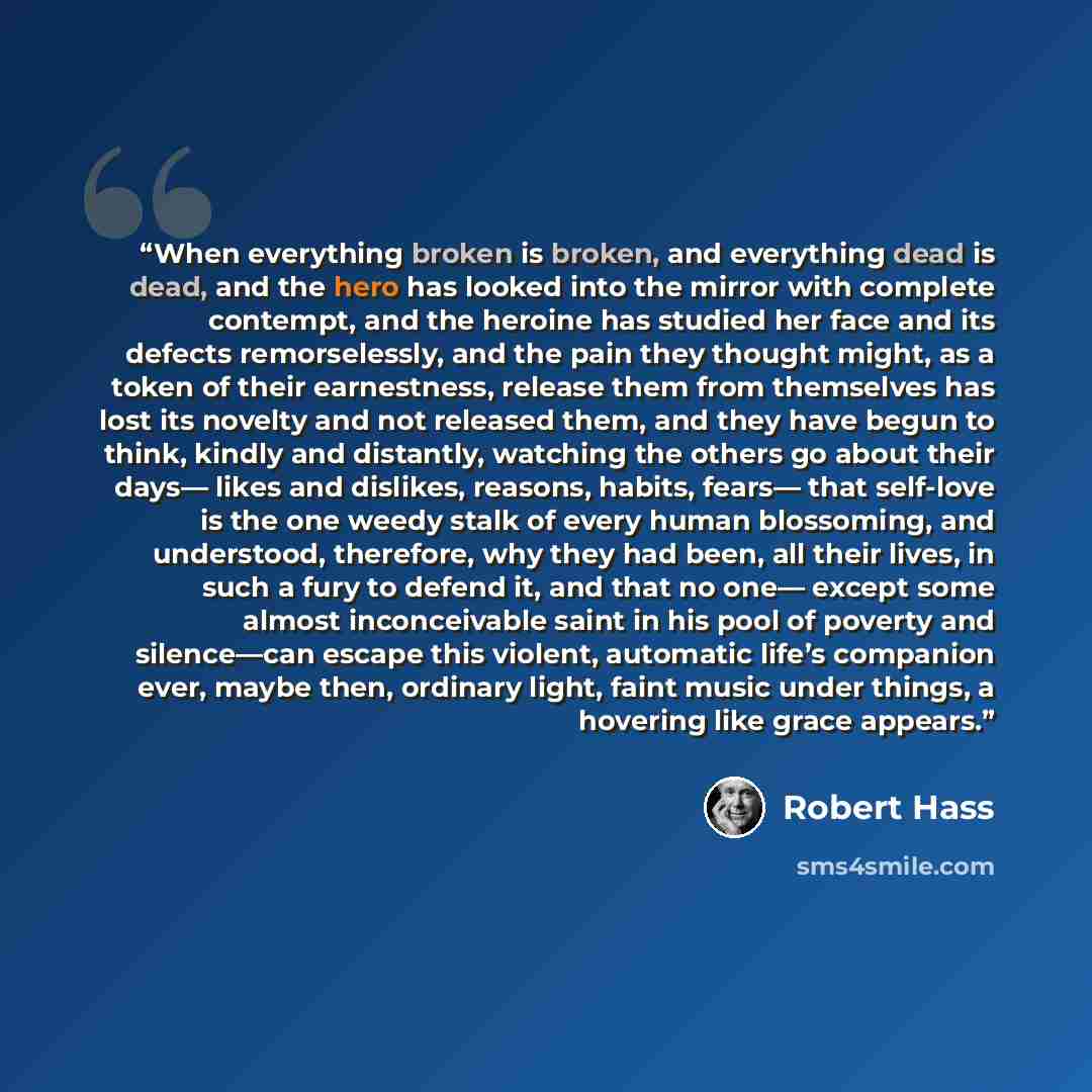 “When everything broken is broken, and everything dead is dead, and the hero has looked into the mirror with complete contempt, and the heroine has studied her face and its defects remorselessly, and the pain they thought might, as a token of their earnestness, release them from themselves has lost…” quote by Robert Hass