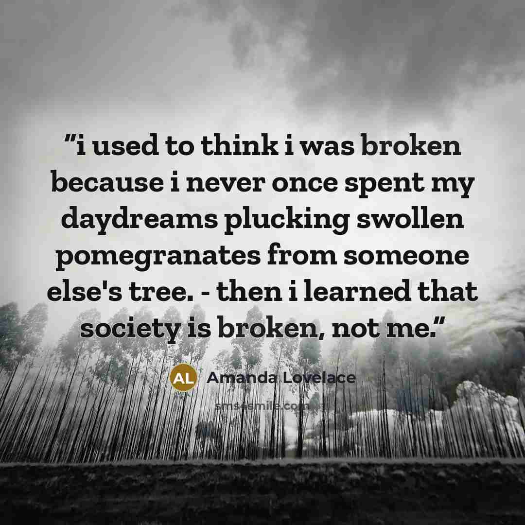“i used to think i was broken because i never once spent my daydreams plucking swollen pomegranates from someone else's tree. - then i learned that society is broken, not me.” quote by Amanda Lovelace