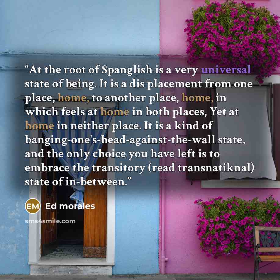 “At the root of Spanglish is a very universal state of being. It is a dis placement from one place, home, to another place, home, in which feels at home in both places, Yet at home in neither place. It is a kind of banging-one's-head-against-the-wall state, and the only choice you have left is to…” quote by Ed Morales