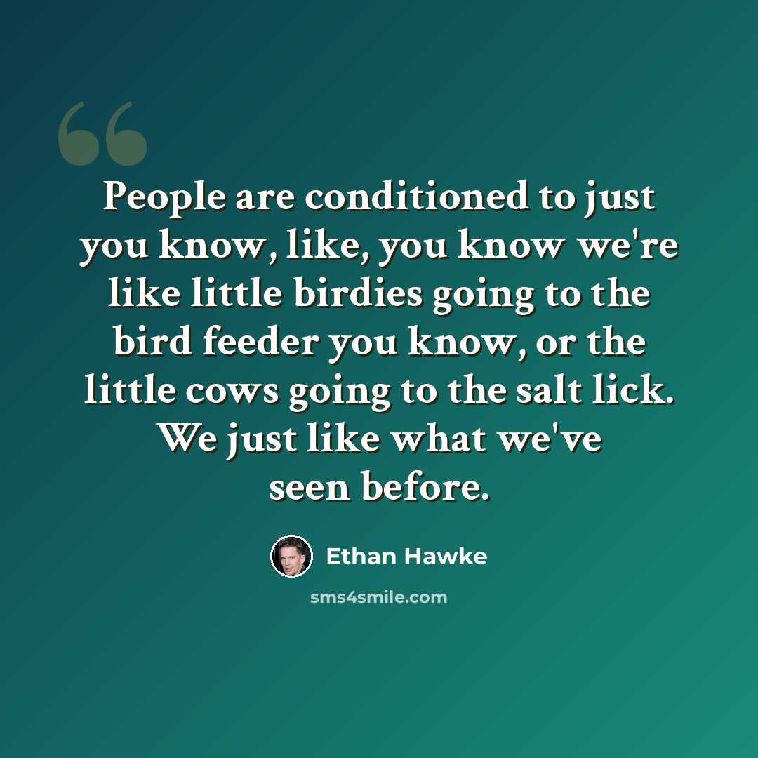 “People are conditioned to just you know, like, you know we're like little birdies going to the bird feeder you know, or the little cows going to the salt lick. We just like what we've seen before.” quote by Ethan Hawke