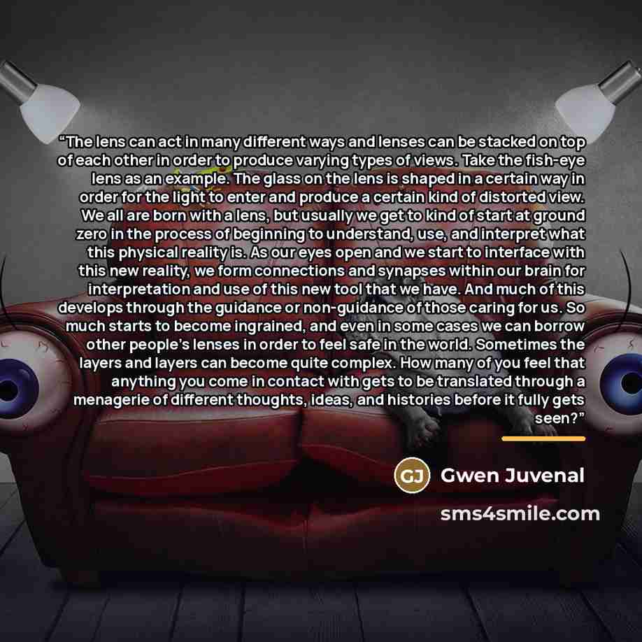 “The lens can act in many different ways and lenses can be stacked on top of each other in order to produce varying types of views. Take the fish-eye lens as an example. The glass on the lens is shaped in a certain way in order for the light to enter and produce a certain kind of distorted view. We…” quote by Gwen Juvenal