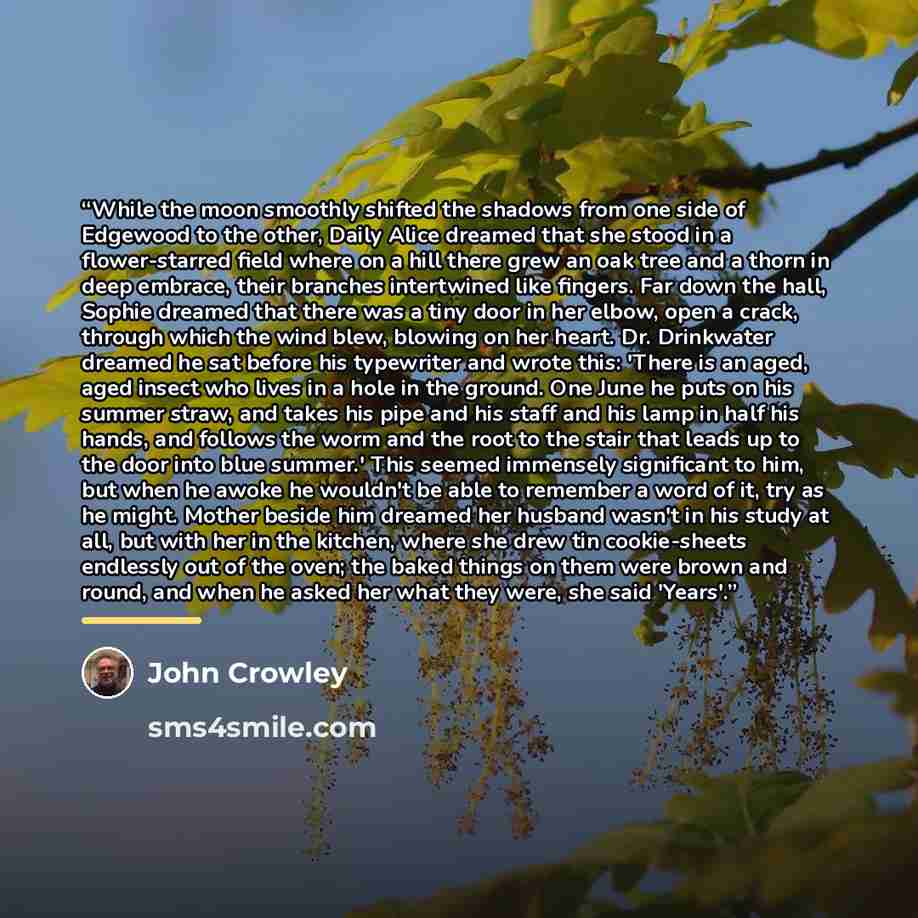 “While the moon smoothly shifted the shadows from one side of Edgewood to the other, Daily Alice dreamed that she stood in a flower-starred field where on a hill there grew an oak tree and a thorn in deep embrace, their branches intertwined like fingers. Far down the hall, Sophie dreamed that there…” quote by John Crowley