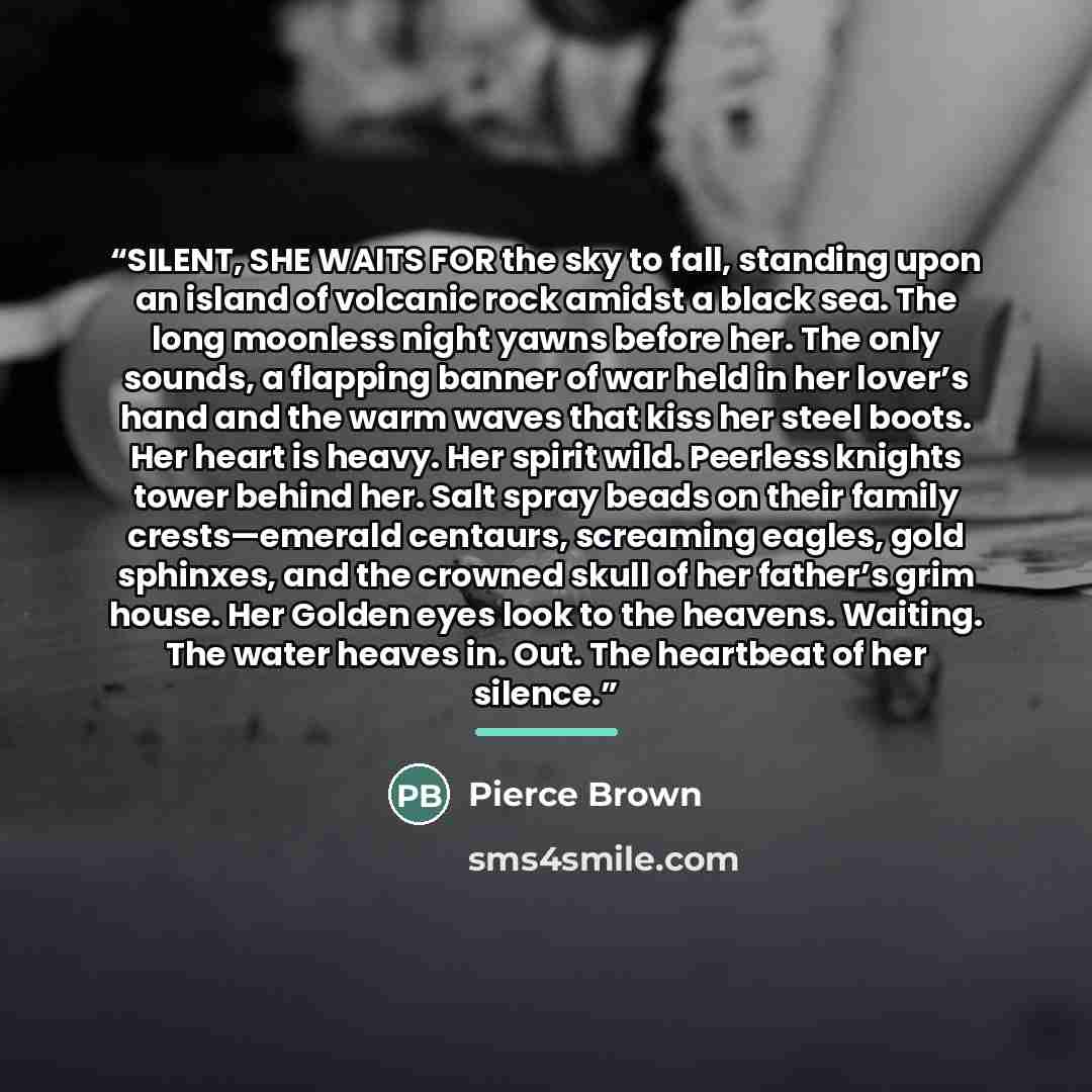 “SILENT, SHE WAITS FOR the sky to fall, standing upon an island of volcanic rock amidst a black sea. The long moonless night yawns before her. The only sounds, a flapping banner of war held in her lover’s hand and the warm waves that kiss her steel boots. Her heart is heavy. Her spirit wild…” quote by Pierce Brown
