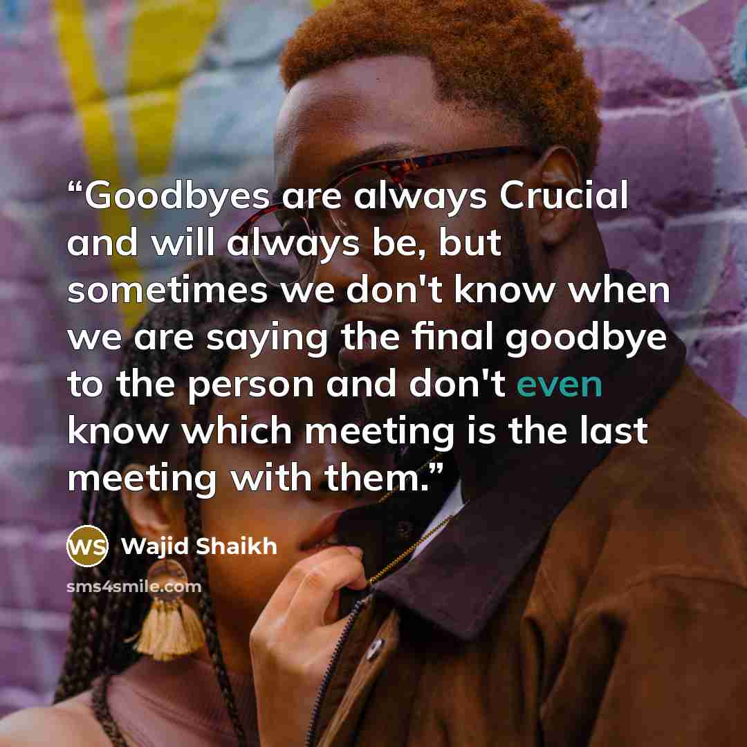 “Goodbyes are always Crucial and will always be, but sometimes we don't know when we are saying the final goodbye to the person and don't even know which meeting is the last meeting with them.” quote by Wajid Shaikh