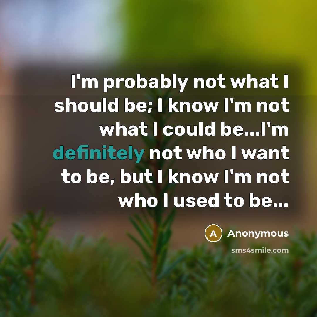 “I'm probably not what I should be; I know I'm not what I could be...I'm definitely not who I want to be, but I know I'm not who I used to be...” quote by Anonymous