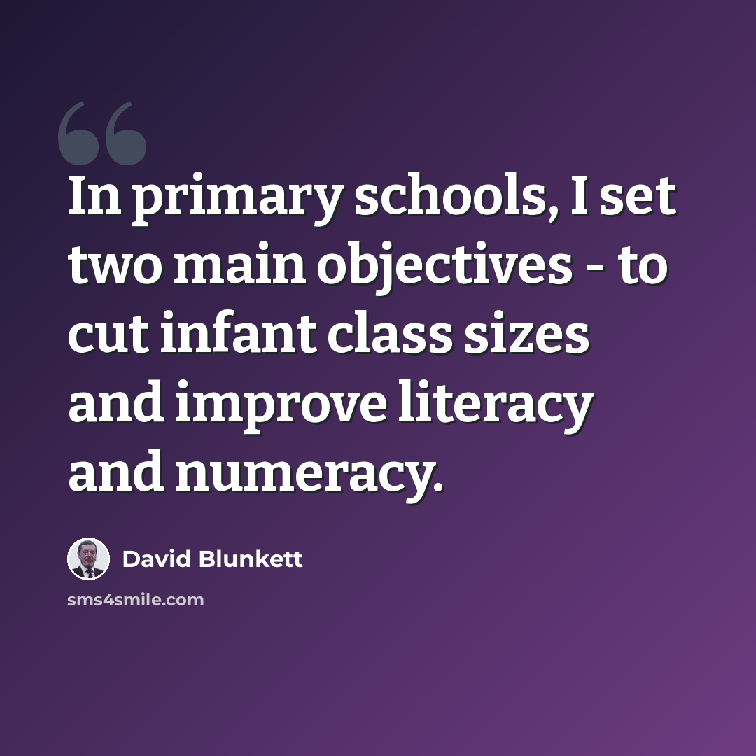 “In primary schools, I set two main objectives - to cut infant class sizes and improve literacy and numeracy.” quote by David Blunkett