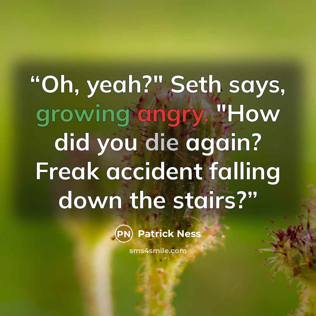 “Oh, yeah?" Seth says, growing angry. "How did you die again? Freak accident falling down the stairs?” quote by Patrick Ness