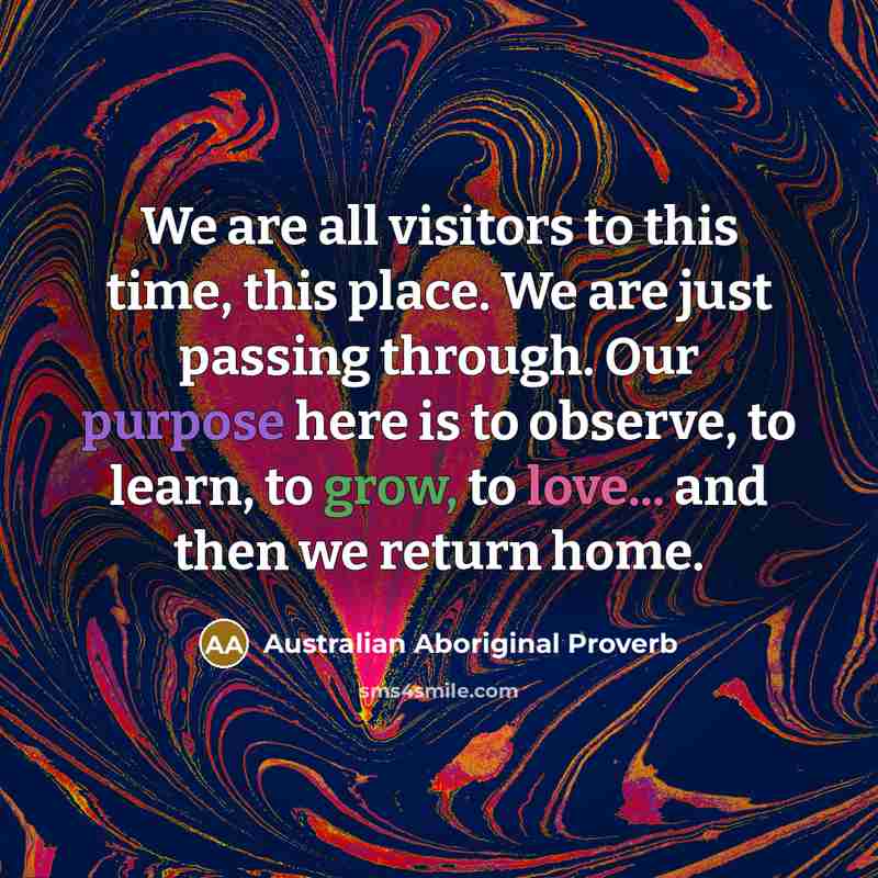“We are all visitors to this time, this place. We are just passing through. Our purpose here is to observe, to learn, to grow, to love... and then we return home.” quote by Australian Aboriginal Proverb