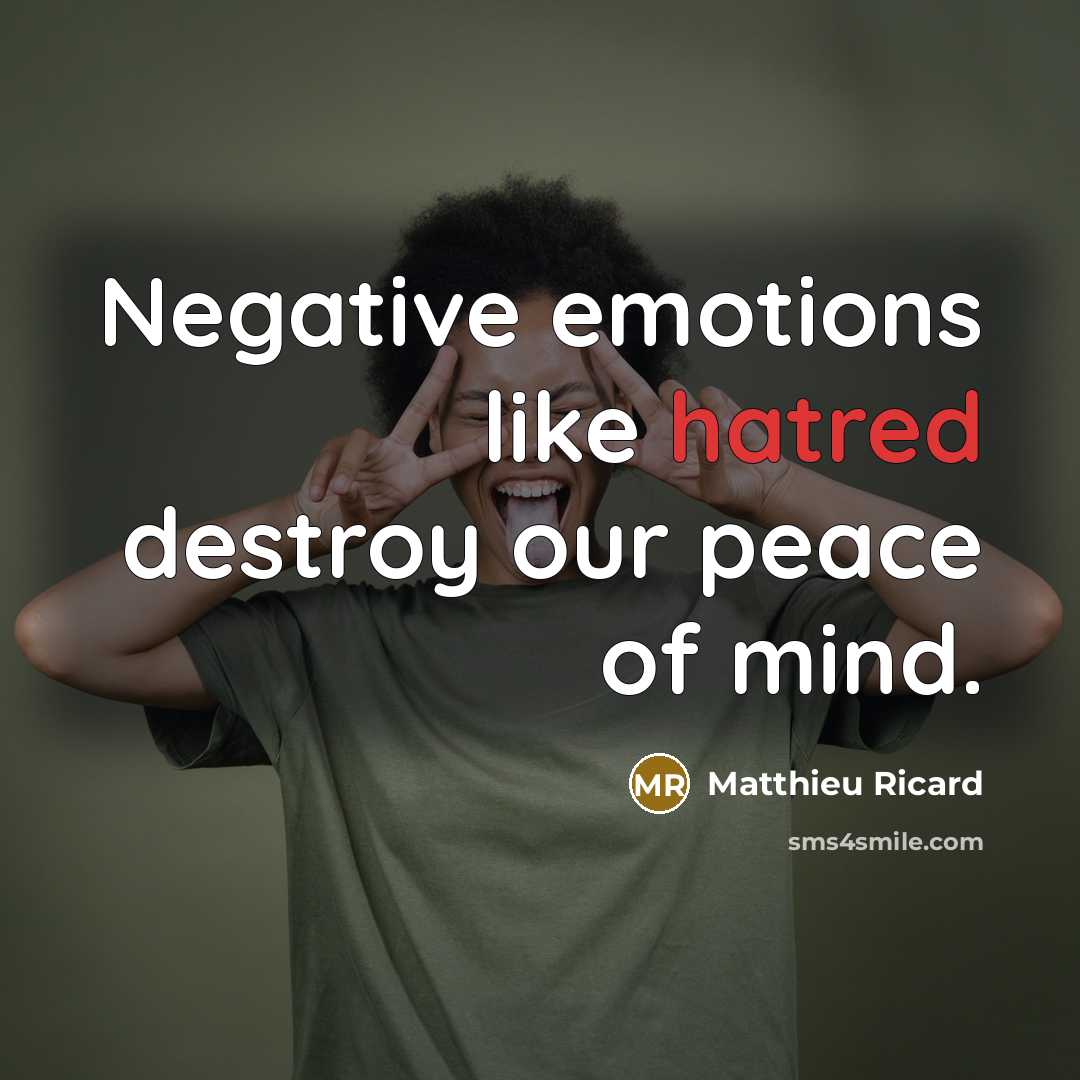 “Negative emotions like hatred destroy our peace of mind.” quote by Matthieu Ricard