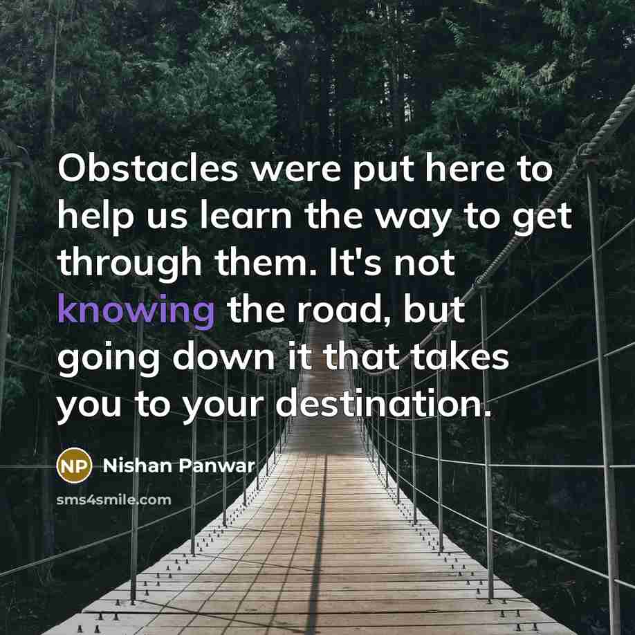“Obstacles were put here to help us learn the way to get through them. It's not knowing the road, but going down it that takes you to your destination.” quote by Nishan Panwar