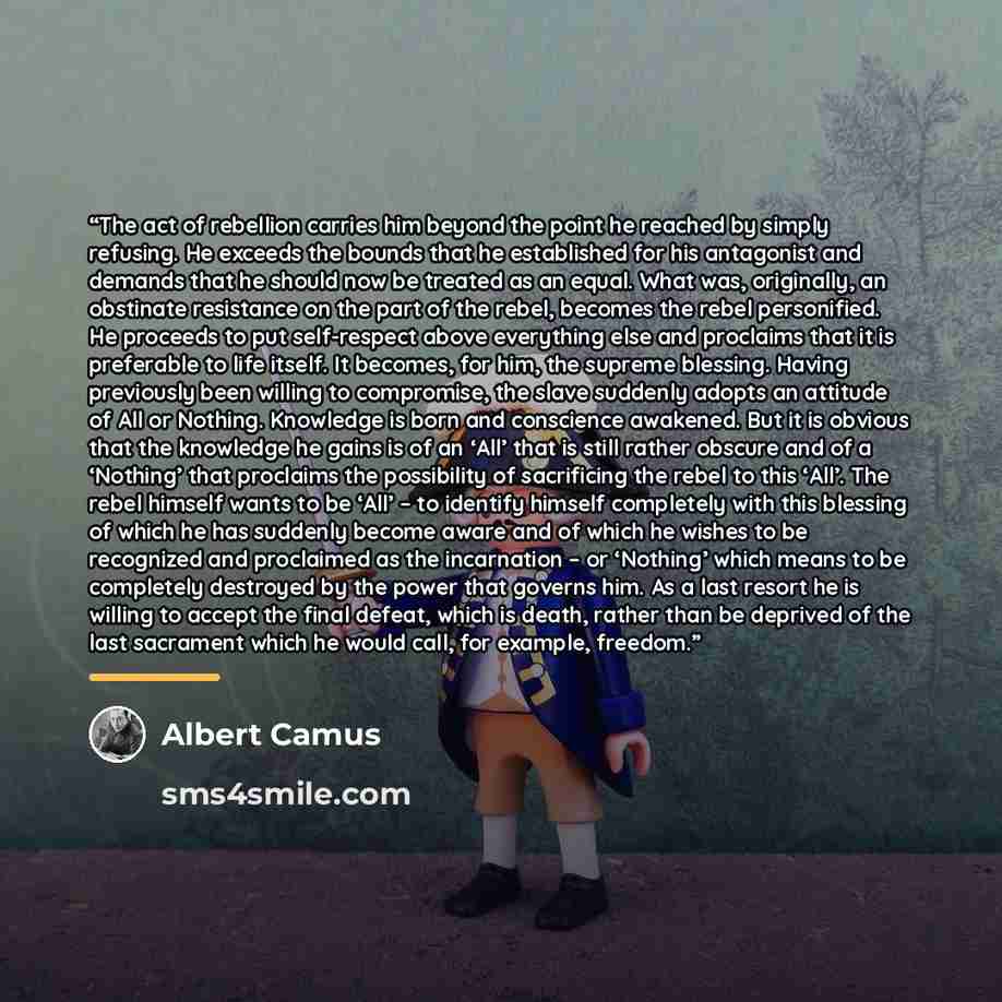“The act of rebellion carries him beyond the point he reached by simply refusing. He exceeds the bounds that he established for his antagonist and demands that he should now be treated as an equal. What was, originally, an obstinate resistance on the part of the rebel, becomes the rebel…” quote by Albert Camus