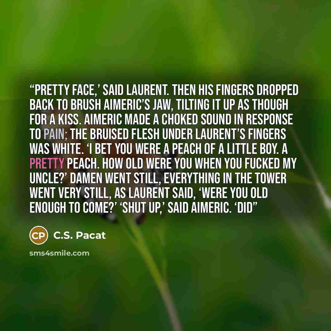 “Pretty face,’ said Laurent. Then his fingers dropped back to brush Aimeric’s jaw, tilting it up as though for a kiss. Aimeric made a choked sound in response to pain; the bruised flesh under Laurent’s fingers was white. ‘I bet you were a peach of a little boy. A pretty peach. How old were you when…” quote by C.S. Pacat